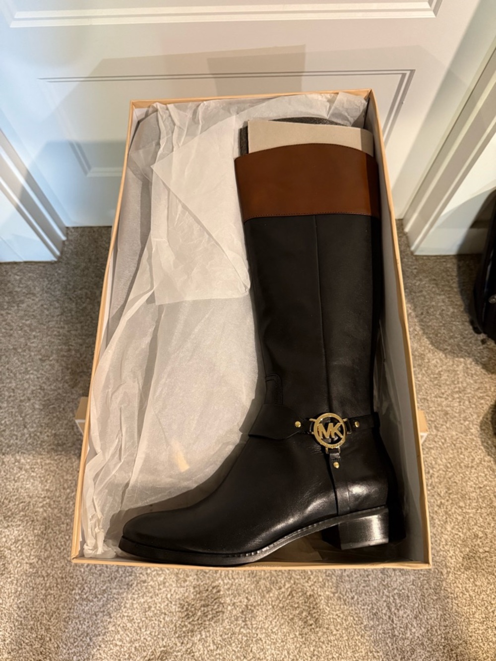 Michael Kors Black and Brown Tall Leather Riding Boots